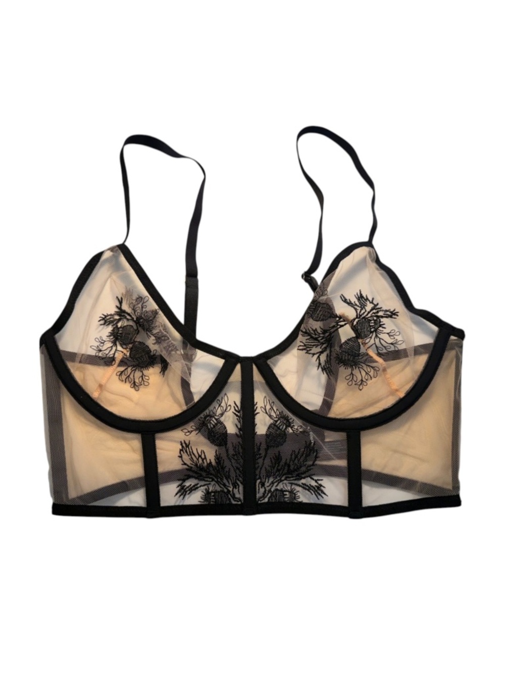 THISTLE & SPIRE NWT Verona Sheer Mesh Botanical Embroidered Longline Bra 34C $72